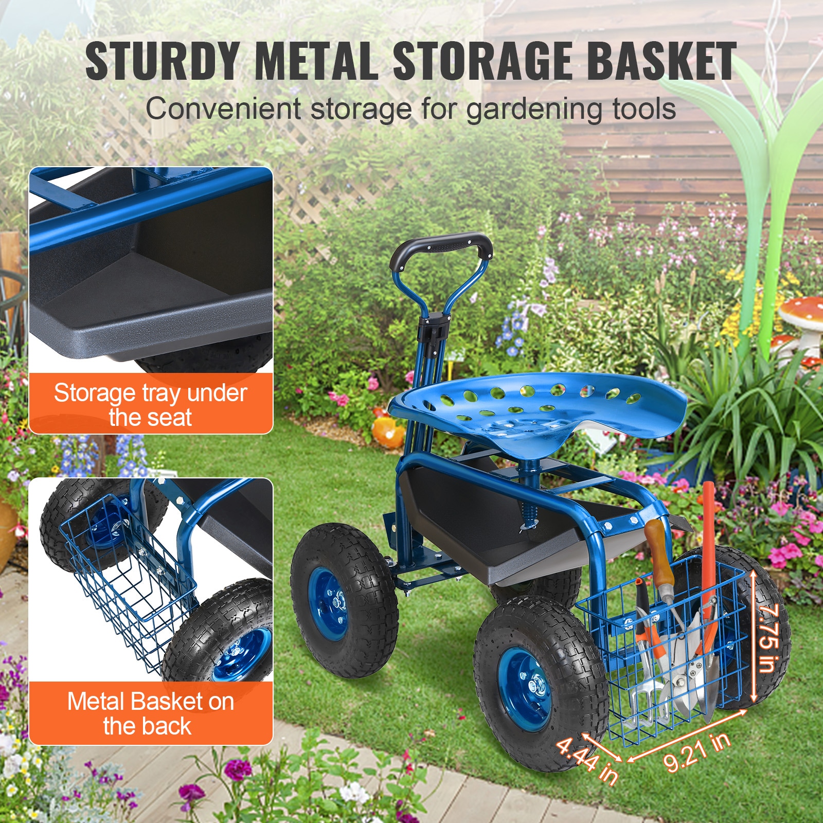 Garden Rolling Work Seat With Swivel Chair And Tool Tray Blue_voghion.com